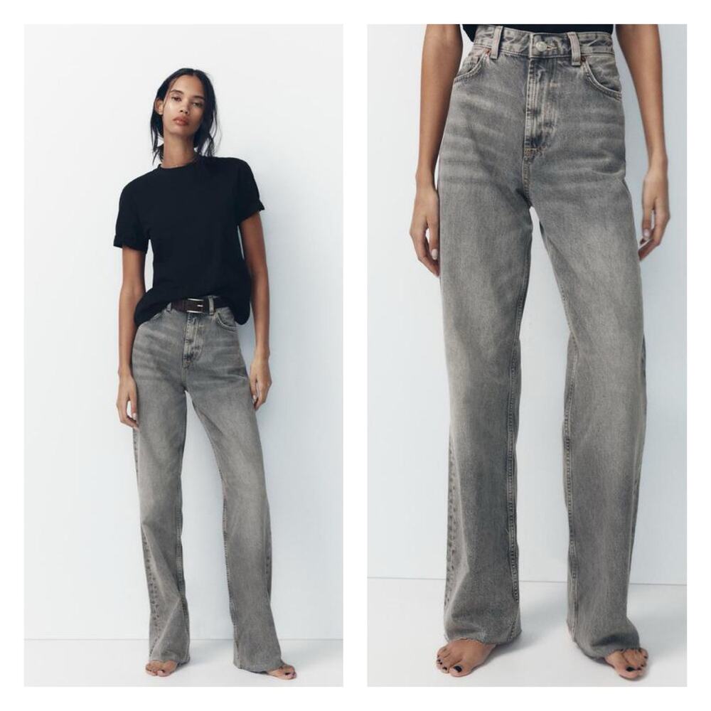 Zara Gray High Rise Wide Leg Jeans Size 2 Distressed Raw Hem Baggy Denim